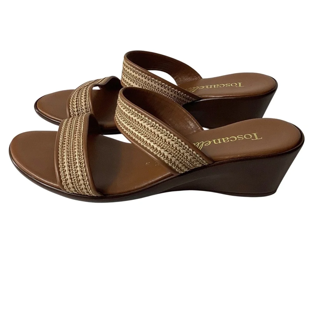 Toscanella Italian Brown Leather Wedge Sandals Gold Woven Slides Size 8 Italy
